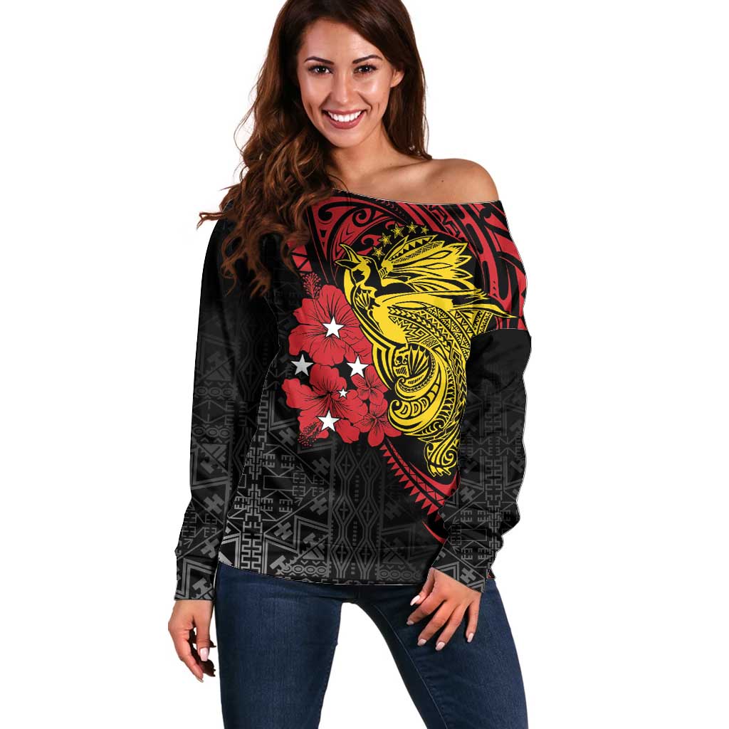 Papua New Guinea 49th Independence Day Off Shoulder Sweater Motuan Revareva Bird-of-Paradise LT7 Women Black - Polynesian Pride