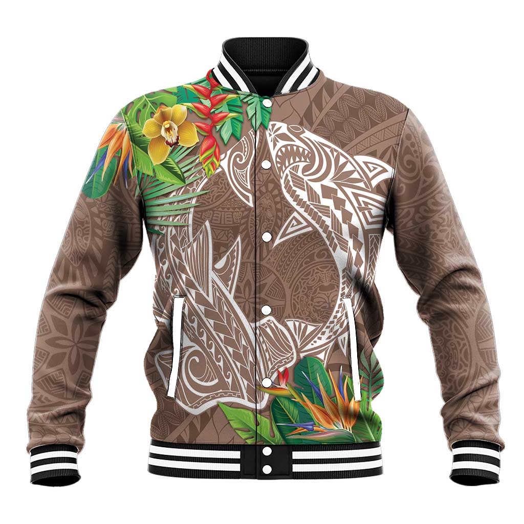 Polynesia Baseball Jacket Sharks Duo Tropical Brown LT7 Unisex Brown - Polynesian Pride