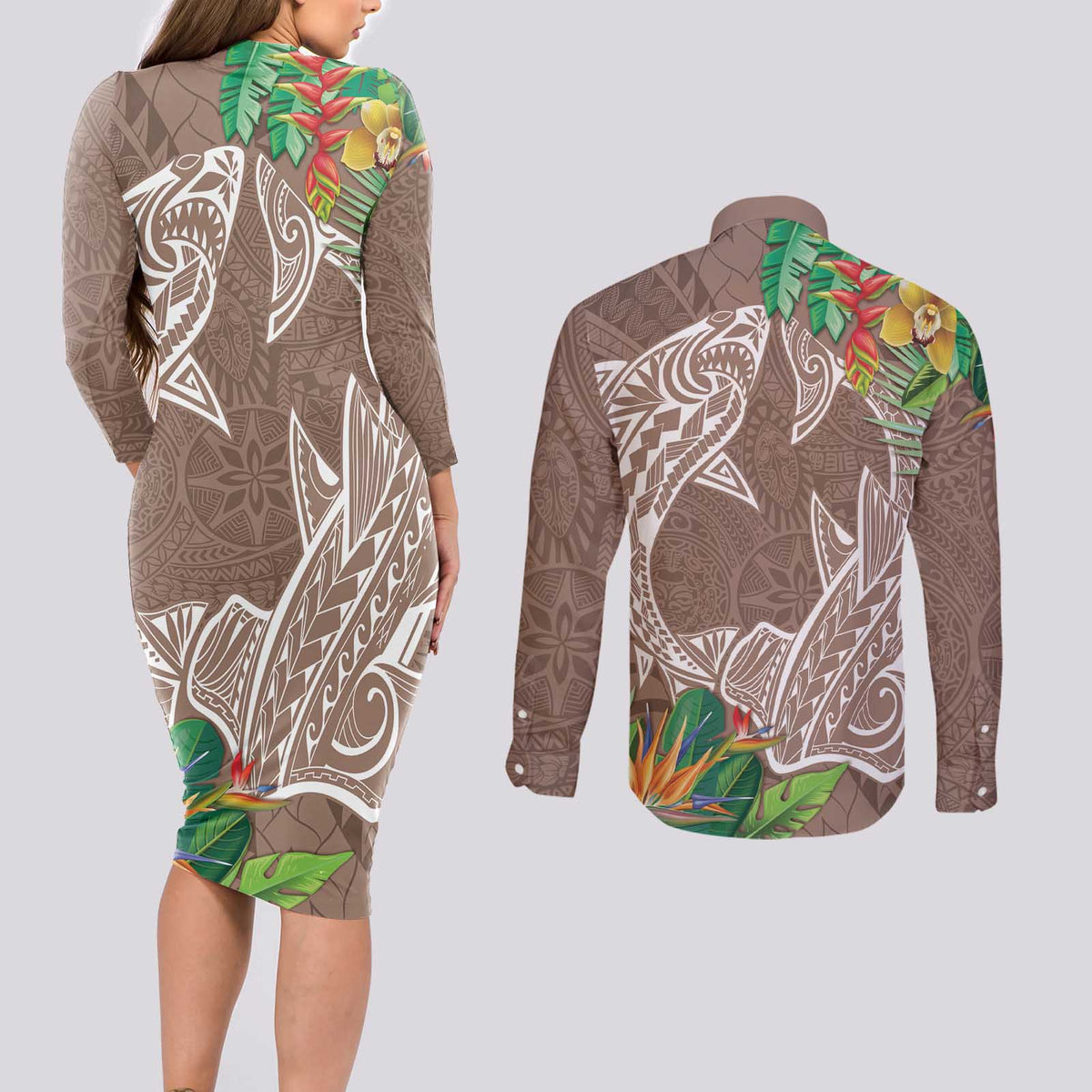 Polynesia Couples Matching Long Sleeve Bodycon Dress and Long Sleeve Button Shirt Sharks Duo Tropical Brown
