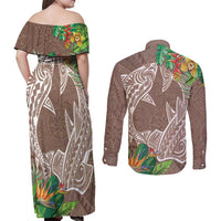 Polynesia Couples Matching Off Shoulder Maxi Dress and Long Sleeve Button Shirt Sharks Duo Tropical Brown