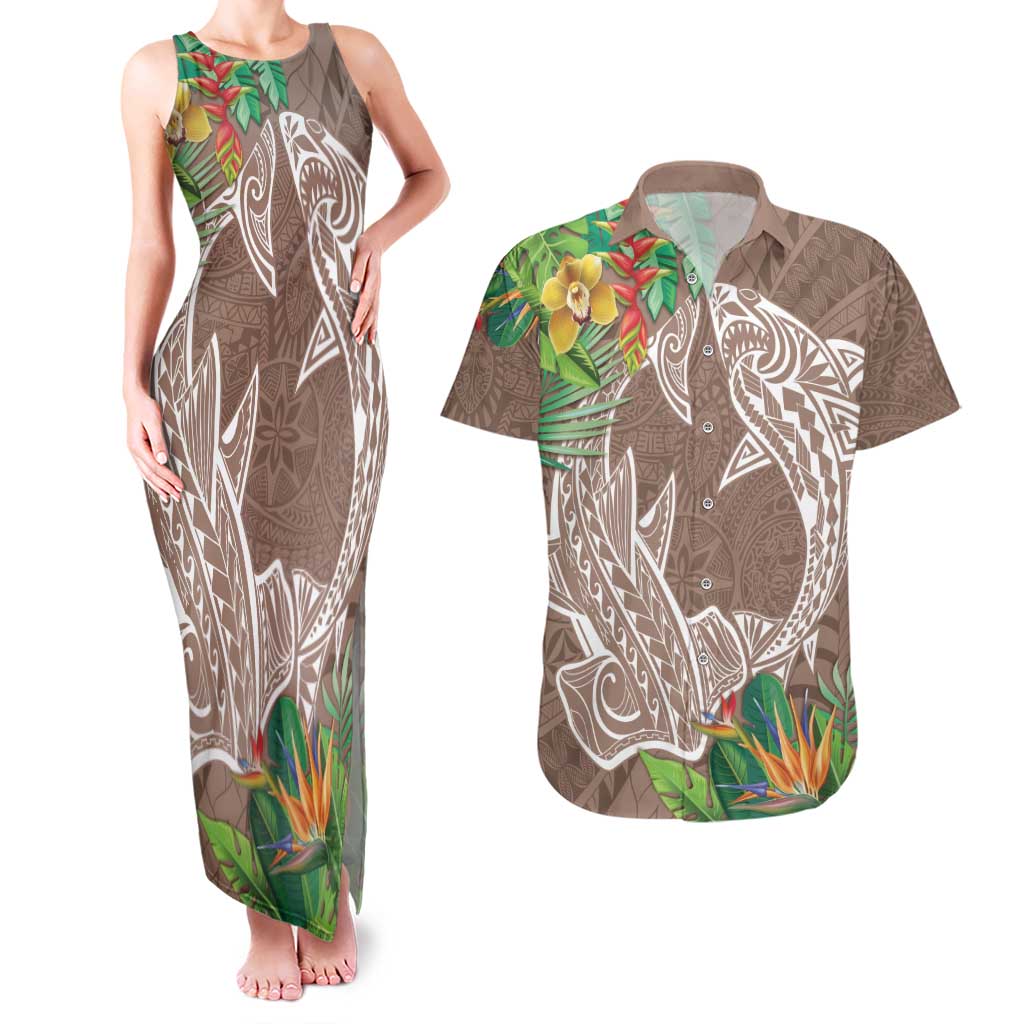 Polynesia Couples Matching Tank Maxi Dress and Hawaiian Shirt Sharks Duo Tropical Brown