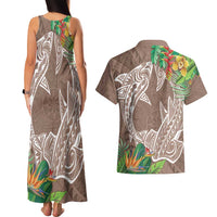 Polynesia Couples Matching Tank Maxi Dress and Hawaiian Shirt Sharks Duo Tropical Brown
