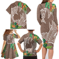 Polynesia Family Matching Long Sleeve Bodycon Dress and Hawaiian Shirt Sharks Duo Tropical Brown