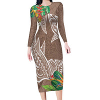 Polynesia Family Matching Long Sleeve Bodycon Dress and Hawaiian Shirt Sharks Duo Tropical Brown