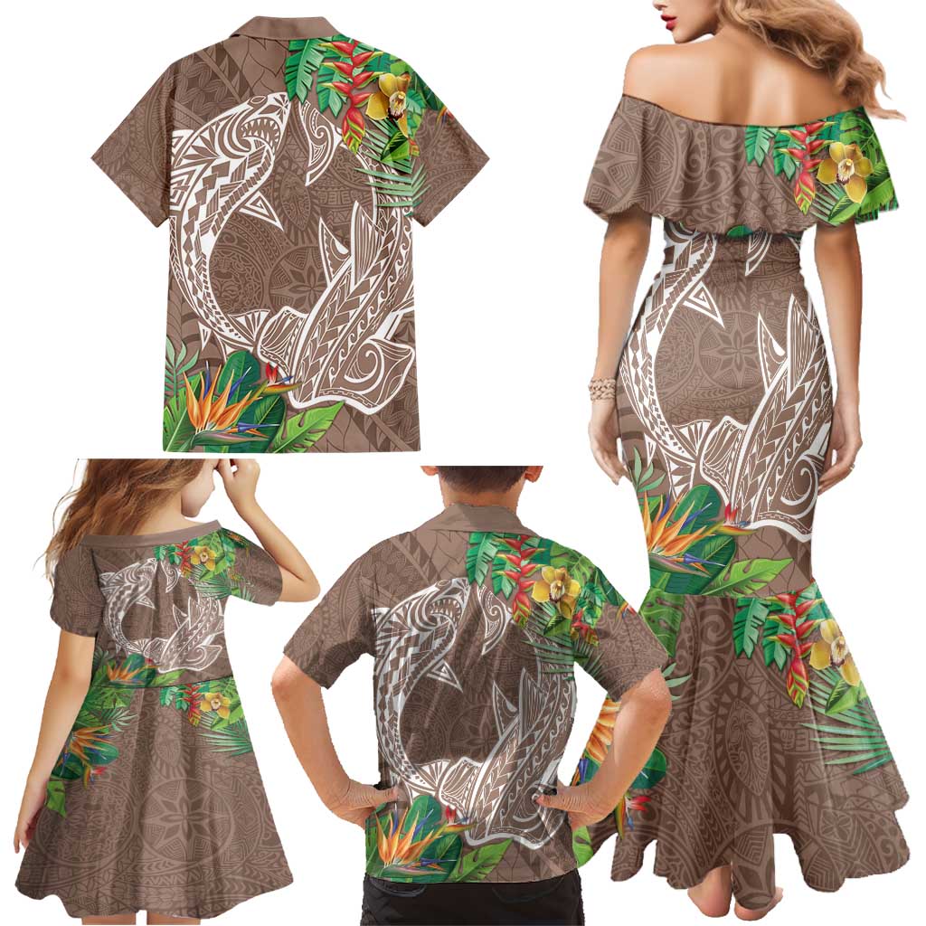 Polynesia Family Matching Mermaid Dress and Hawaiian Shirt Sharks Duo Tropical Brown