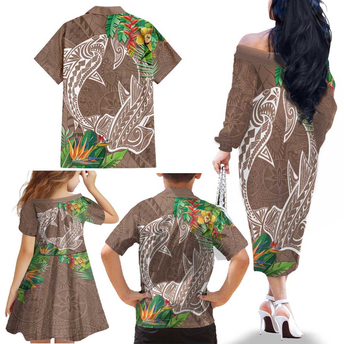 Polynesia Family Matching Off The Shoulder Long Sleeve Dress and Hawaiian Shirt Sharks Duo Tropical Brown