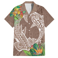 Polynesia Family Matching Off Shoulder Short Dress and Hawaiian Shirt Sharks Duo Tropical Brown