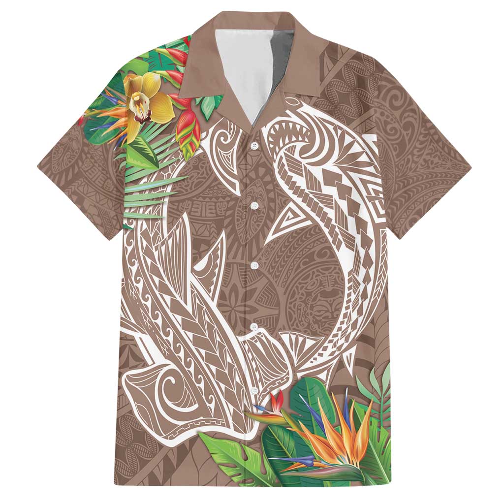 Polynesia Family Matching Short Sleeve Bodycon Dress and Hawaiian Shirt Sharks Duo Tropical Brown