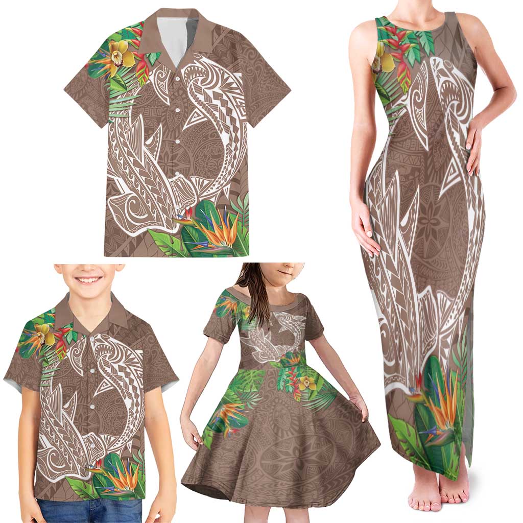 Polynesia Family Matching Tank Maxi Dress and Hawaiian Shirt Sharks Duo Tropical Brown
