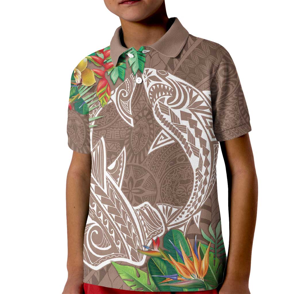 Polynesia Kid Polo Shirt Sharks Duo Tropical Brown LT7 Kid Brown - Polynesian Pride
