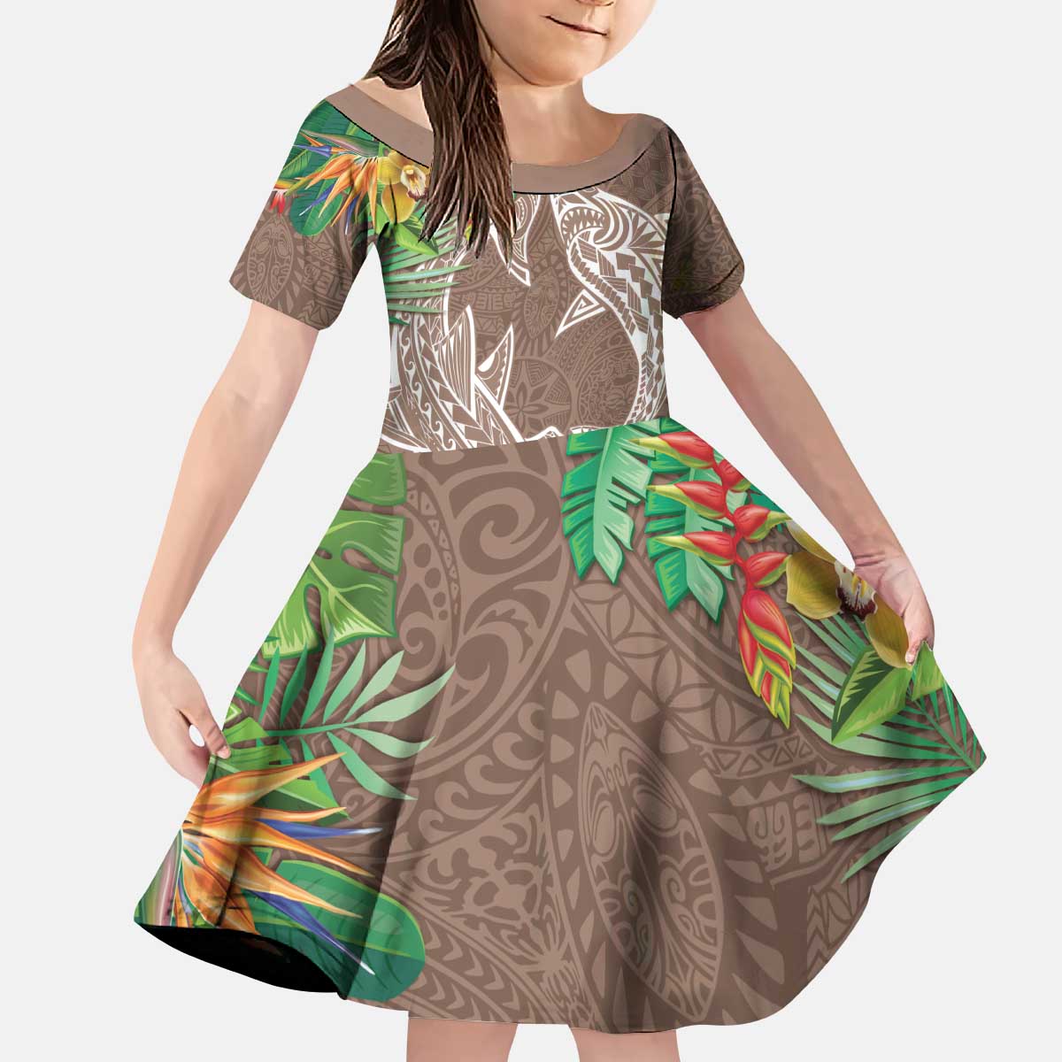 Polynesia Kid Short Sleeve Dress Sharks Duo Tropical Brown LT7 KID Brown - Polynesian Pride