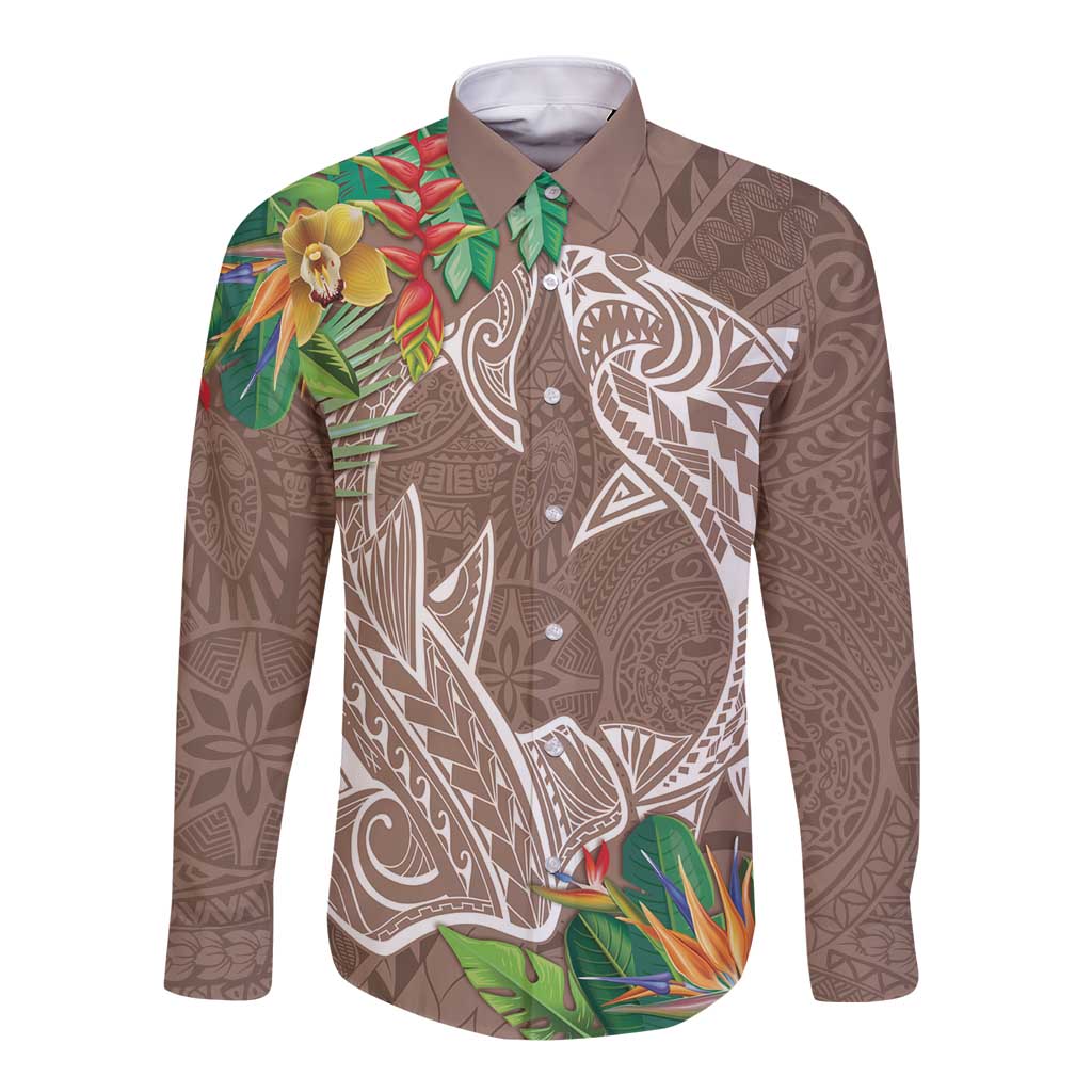 Polynesia Long Sleeve Button Shirt Sharks Duo Tropical Brown