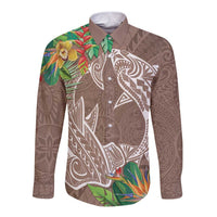 Polynesia Long Sleeve Button Shirt Sharks Duo Tropical Brown
