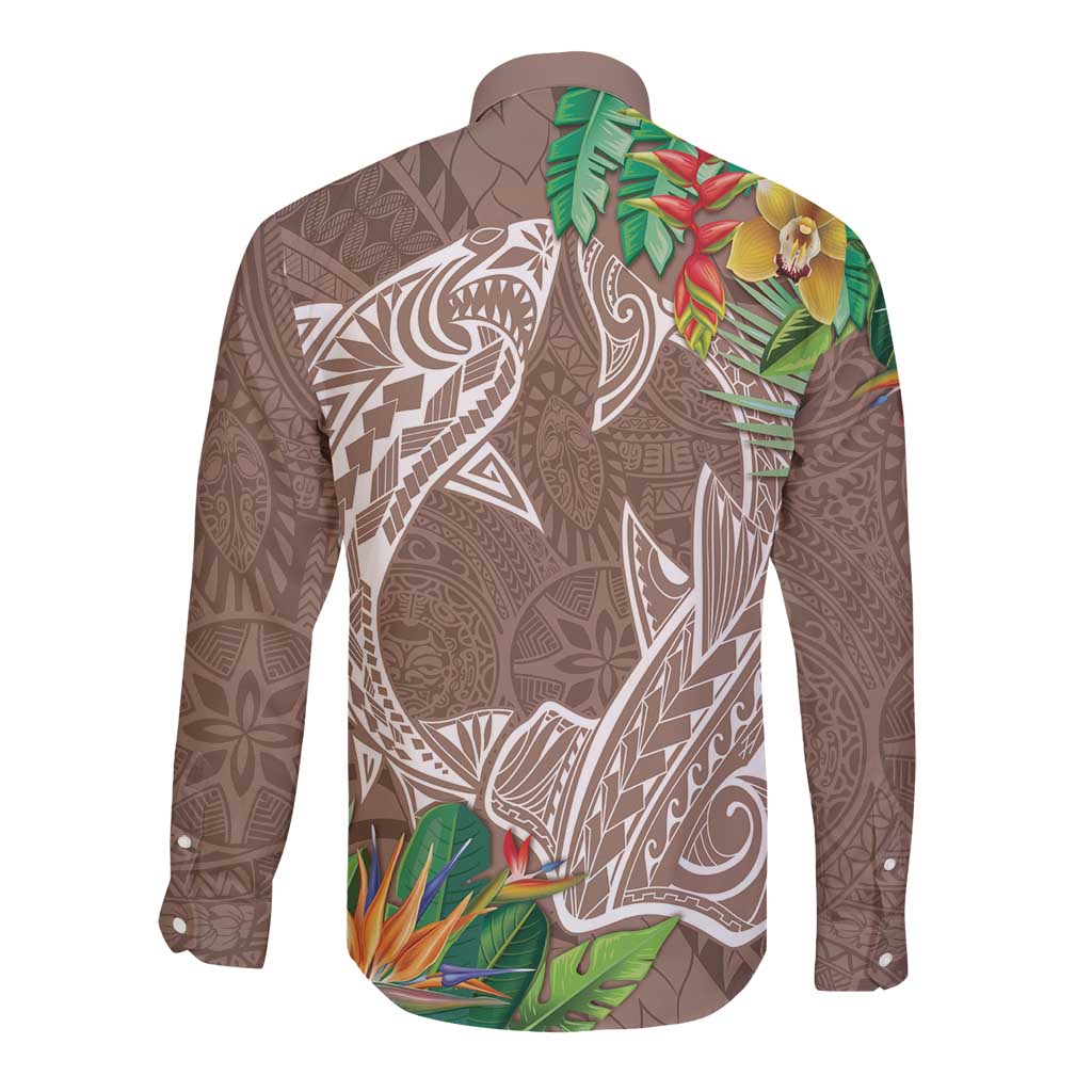 Polynesia Long Sleeve Button Shirt Sharks Duo Tropical Brown
