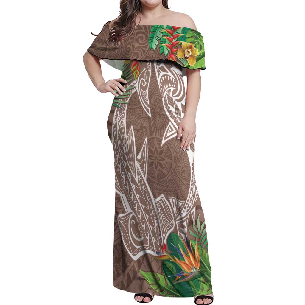 Polynesia Off Shoulder Maxi Dress Sharks Duo Tropical Brown LT7 Women Brown - Polynesian Pride