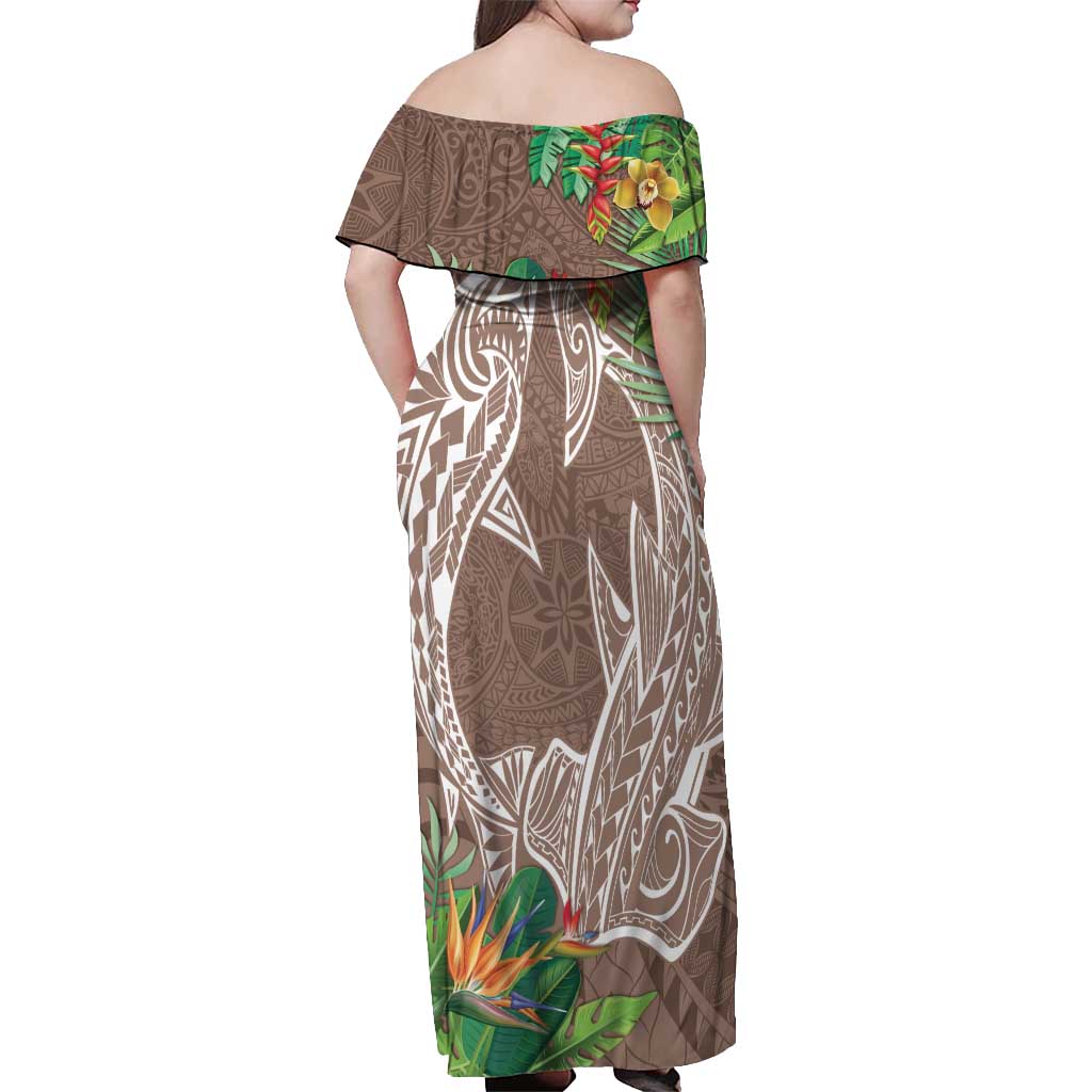 Polynesia Off Shoulder Maxi Dress Sharks Duo Tropical Brown LT7 - Polynesian Pride