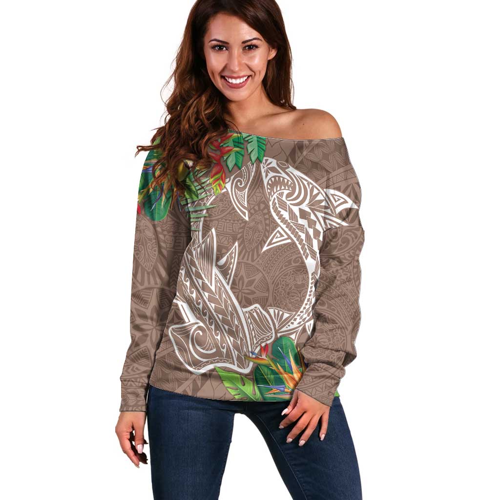 Polynesia Off Shoulder Sweater Sharks Duo Tropical Brown