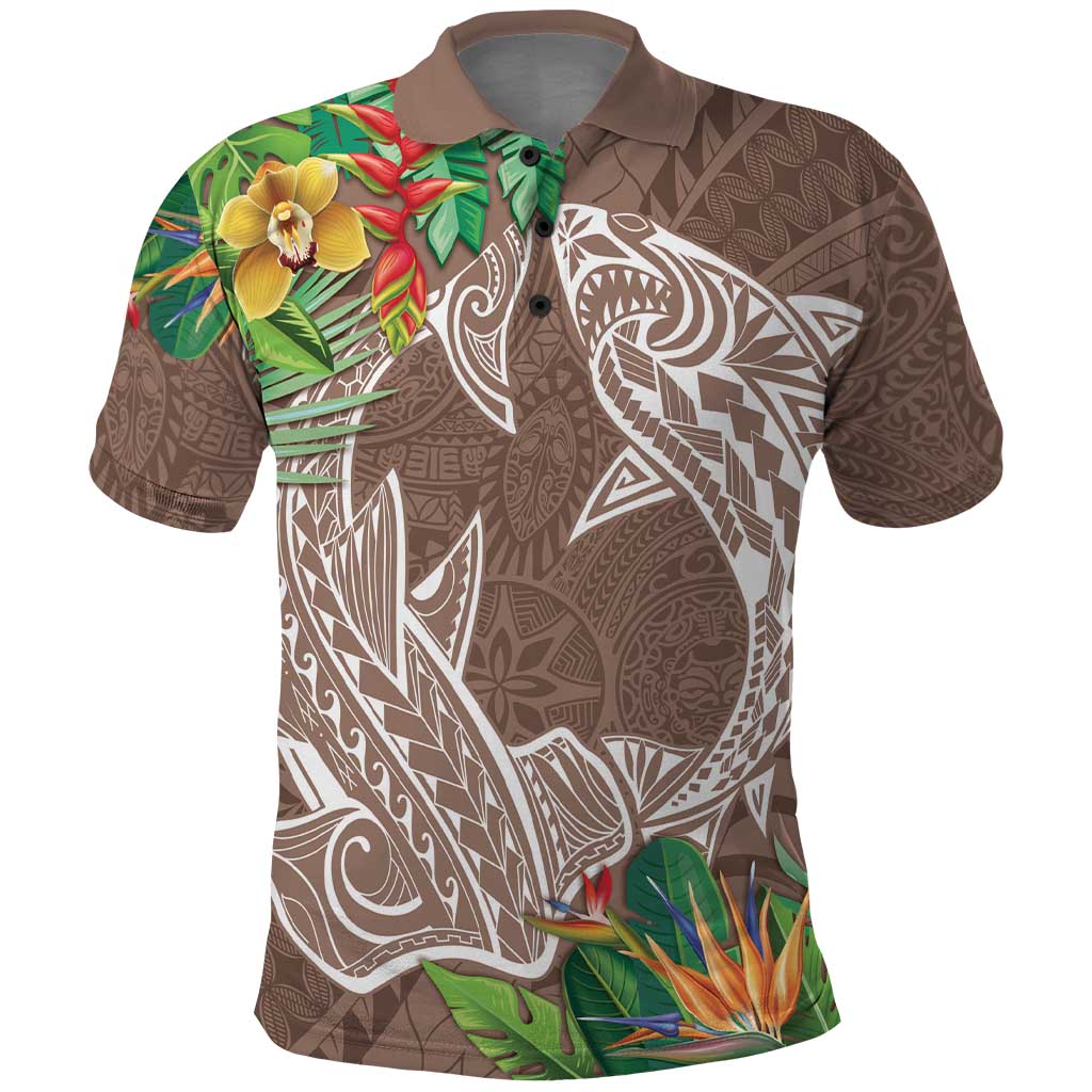 Polynesia Polo Shirt Sharks Duo Tropical Brown
