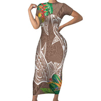 Polynesia Short Sleeve Bodycon Dress Sharks Duo Tropical Brown LT7 Long Dress Brown - Polynesian Pride