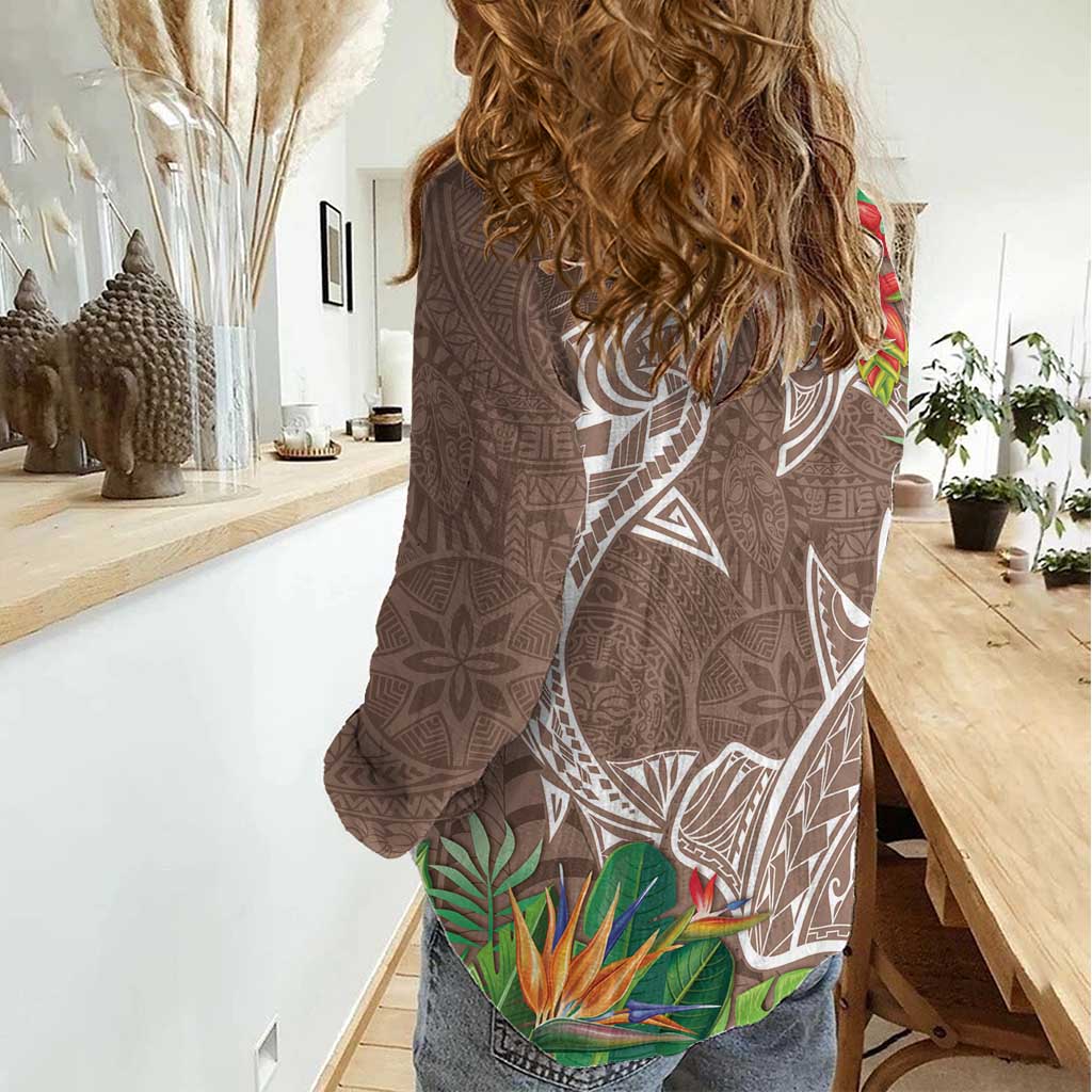 Polynesia Women Casual Shirt Sharks Duo Tropical Brown LT7 - Polynesian Pride