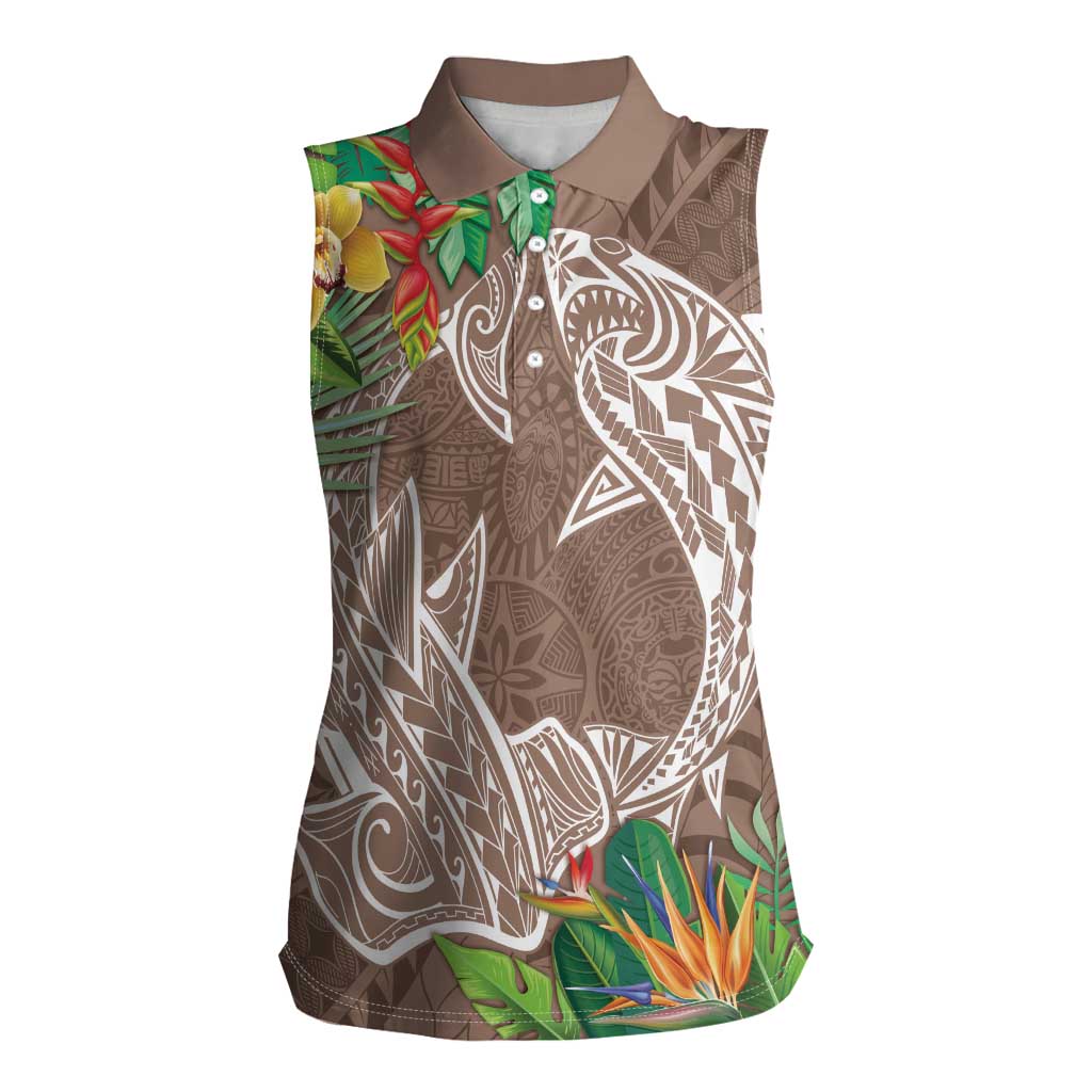Polynesia Women Sleeveless Polo Shirt Sharks Duo Tropical Brown LT7 Female Brown - Polynesian Pride