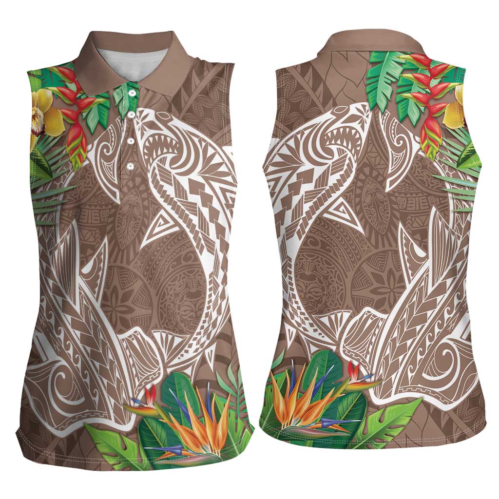Polynesia Women Sleeveless Polo Shirt Sharks Duo Tropical Brown LT7 - Polynesian Pride