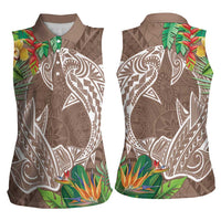 Polynesia Women Sleeveless Polo Shirt Sharks Duo Tropical Brown LT7 - Polynesian Pride