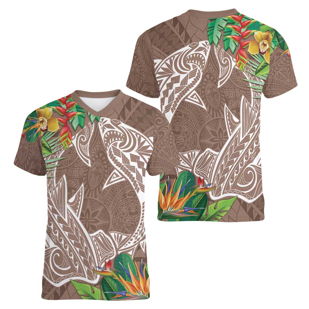 Polynesia Women V-Neck T-Shirt Sharks Duo Tropical Brown LT7 - Polynesian Pride