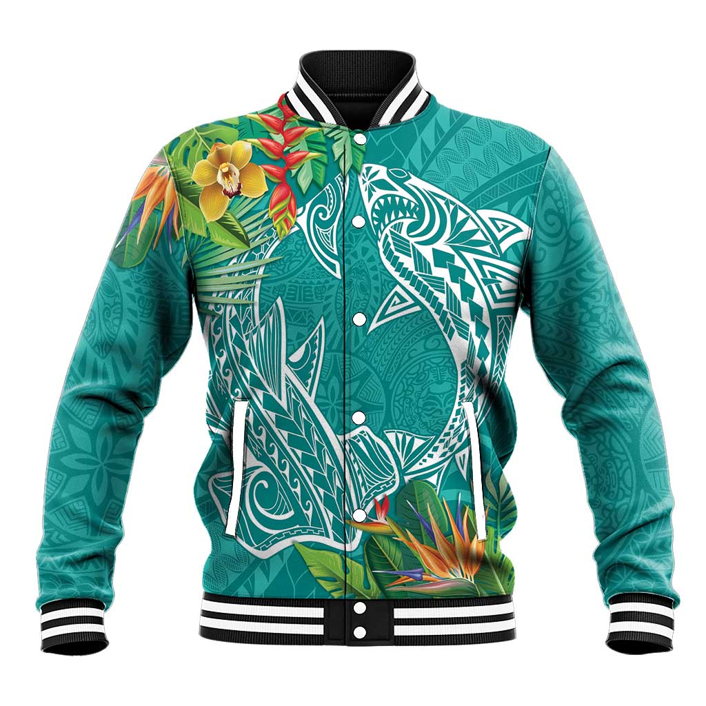 Polynesia Baseball Jacket Sharks Duo Tropical Teal LT7 Unisex Teal - Polynesian Pride