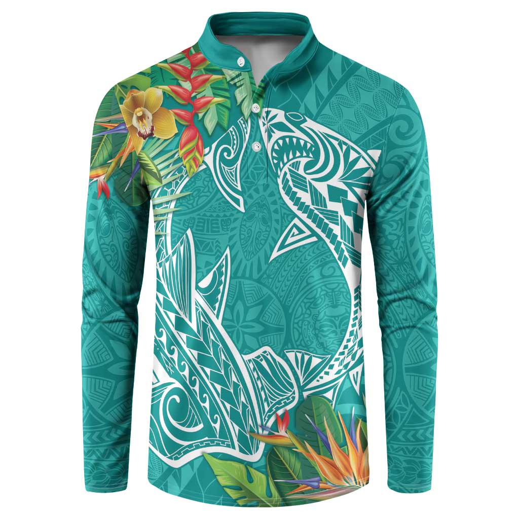Polynesia Button Sweatshirt Sharks Duo Tropical Teal LT7 Teal - Polynesian Pride