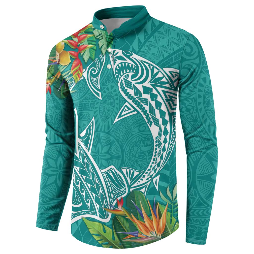 Polynesia Button Sweatshirt Sharks Duo Tropical Teal LT7 - Polynesian Pride