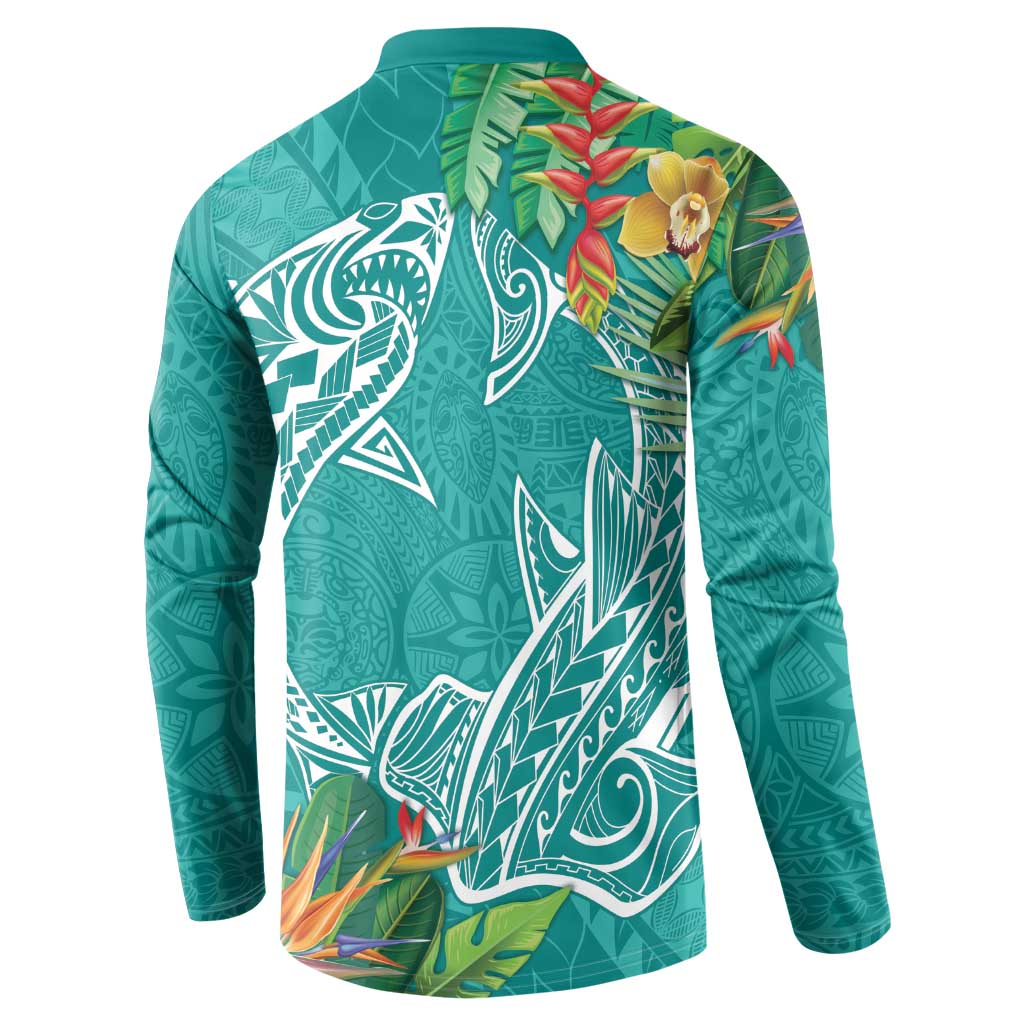 Polynesia Button Sweatshirt Sharks Duo Tropical Teal LT7 - Polynesian Pride