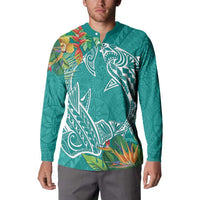 Polynesia Button Sweatshirt Sharks Duo Tropical Teal LT7 - Polynesian Pride