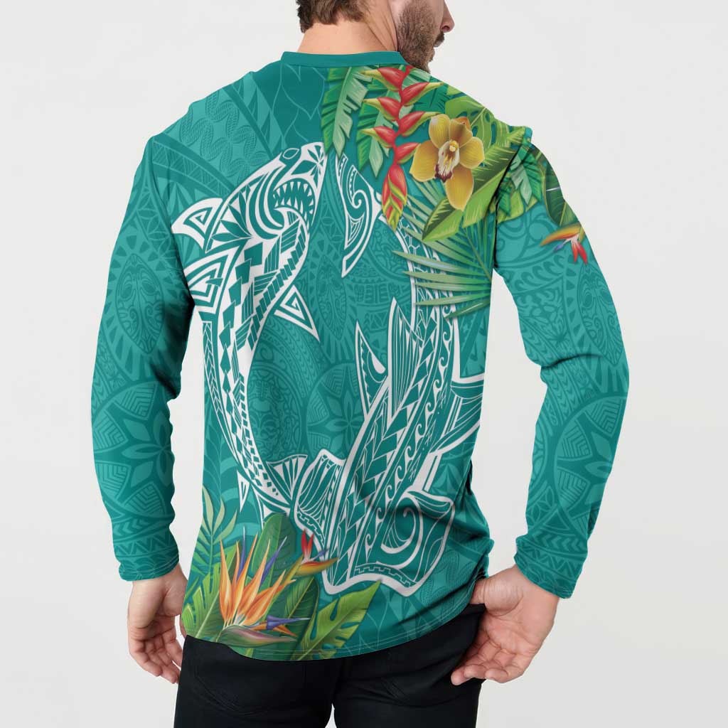 Polynesia Button Sweatshirt Sharks Duo Tropical Teal LT7 - Polynesian Pride