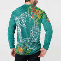Polynesia Button Sweatshirt Sharks Duo Tropical Teal LT7 - Polynesian Pride