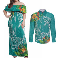Polynesia Couples Matching Off Shoulder Maxi Dress and Long Sleeve Button Shirt Sharks Duo Tropical Teal