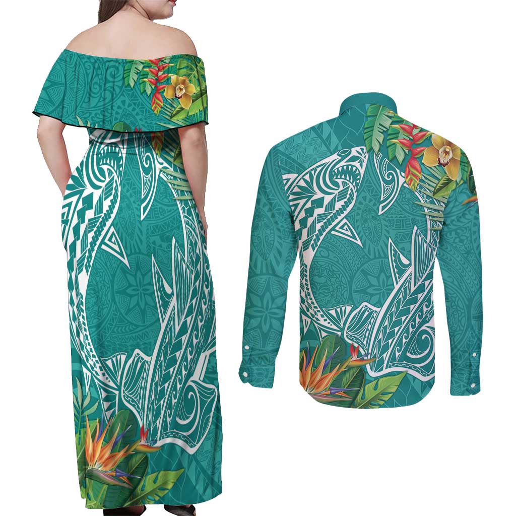 Polynesia Couples Matching Off Shoulder Maxi Dress and Long Sleeve Button Shirt Sharks Duo Tropical Teal