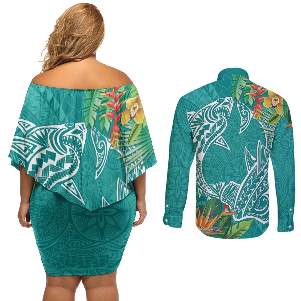 Polynesia Couples Matching Off Shoulder Short Dress and Long Sleeve Button Shirt Sharks Duo Tropical Teal