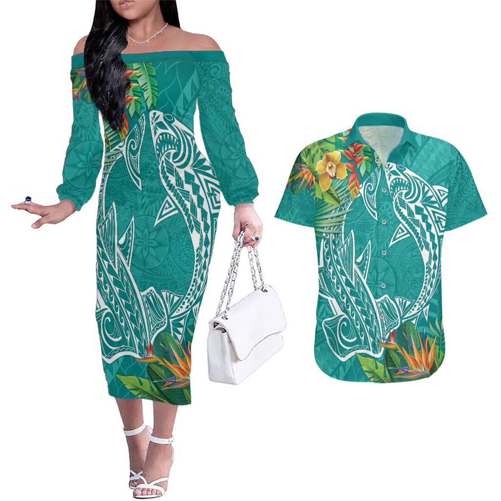 Polynesia Couples Matching Off The Shoulder Long Sleeve Dress and Hawaiian Shirt Sharks Duo Tropical Teal