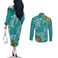 Polynesia Couples Matching Off The Shoulder Long Sleeve Dress and Long Sleeve Button Shirt Sharks Duo Tropical Teal