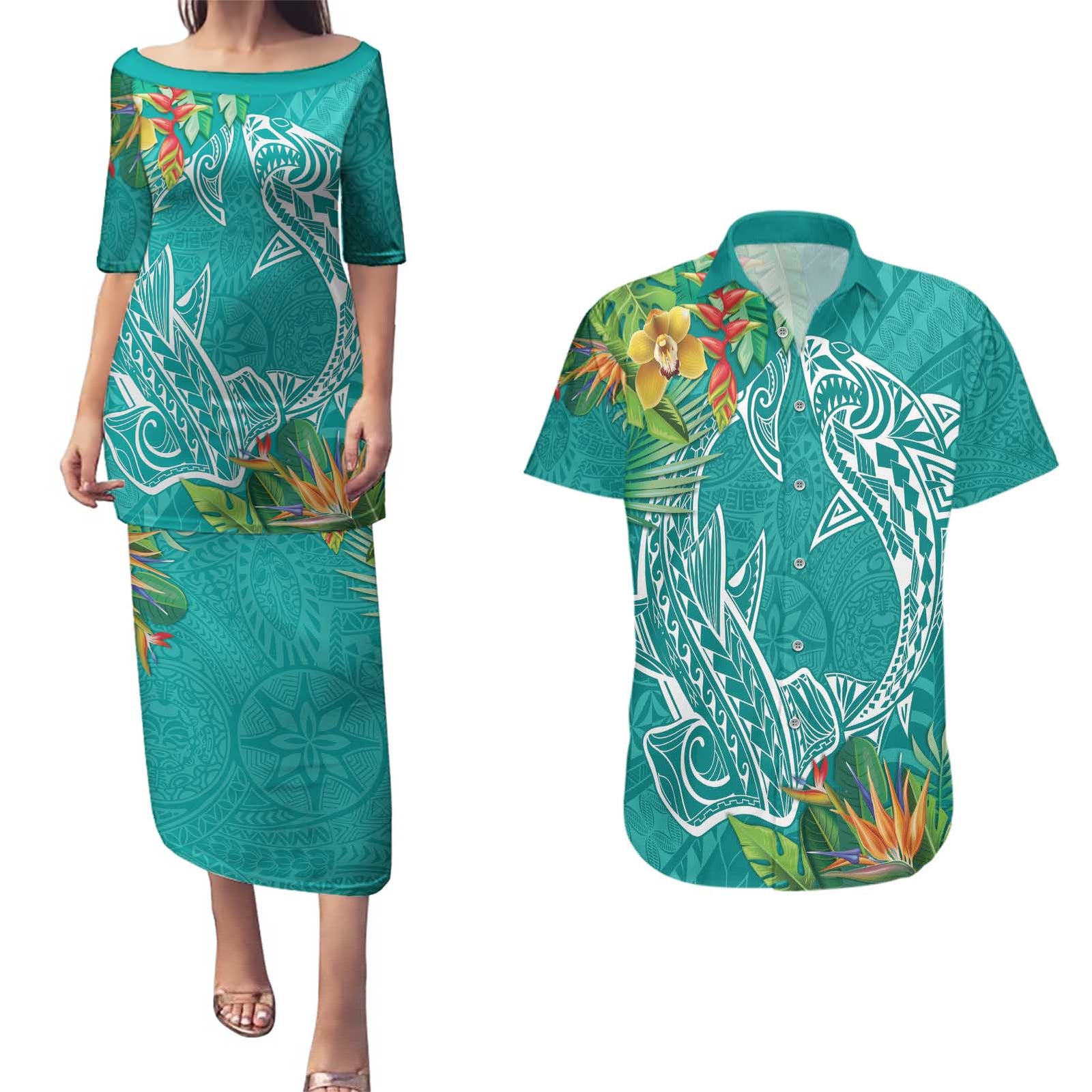 Polynesia Couples Matching Puletasi and Hawaiian Shirt Sharks Duo Tropical Teal