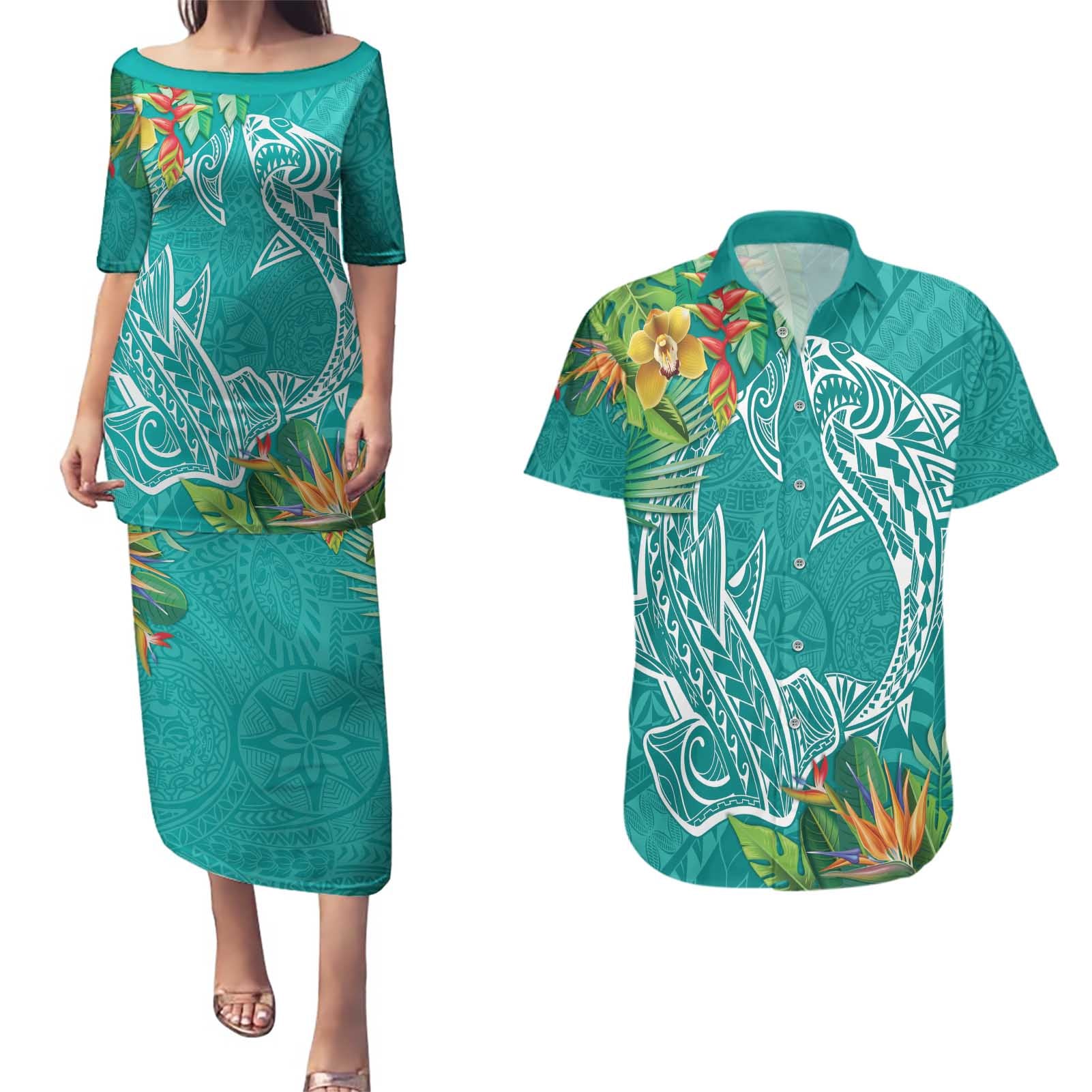 Polynesia Couples Matching Puletasi and Hawaiian Shirt Sharks Duo Tropical Teal