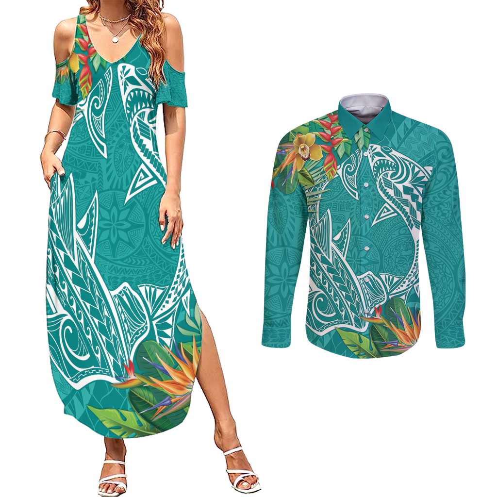 Polynesia Couples Matching Summer Maxi Dress and Long Sleeve Button Shirt Sharks Duo Tropical Teal