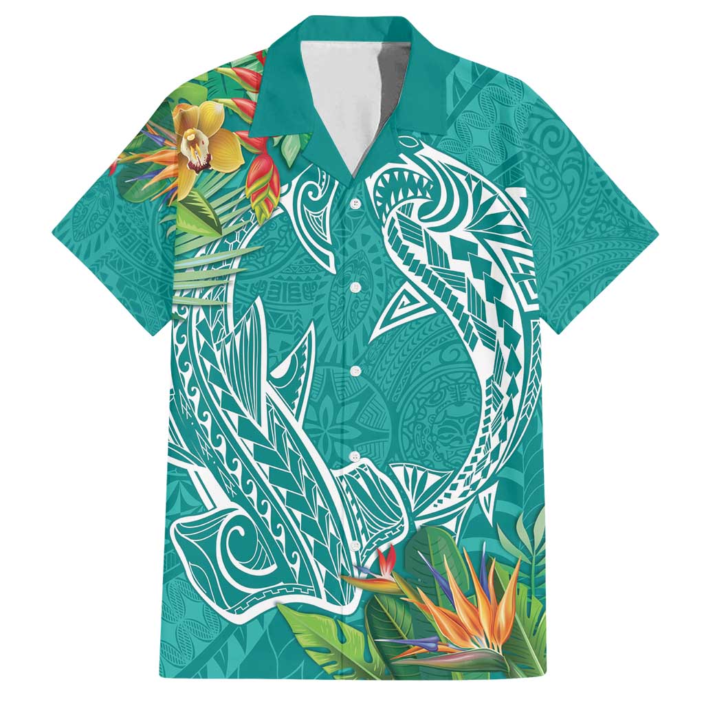 Polynesia Family Matching Long Sleeve Bodycon Dress and Hawaiian Shirt Sharks Duo Tropical Teal