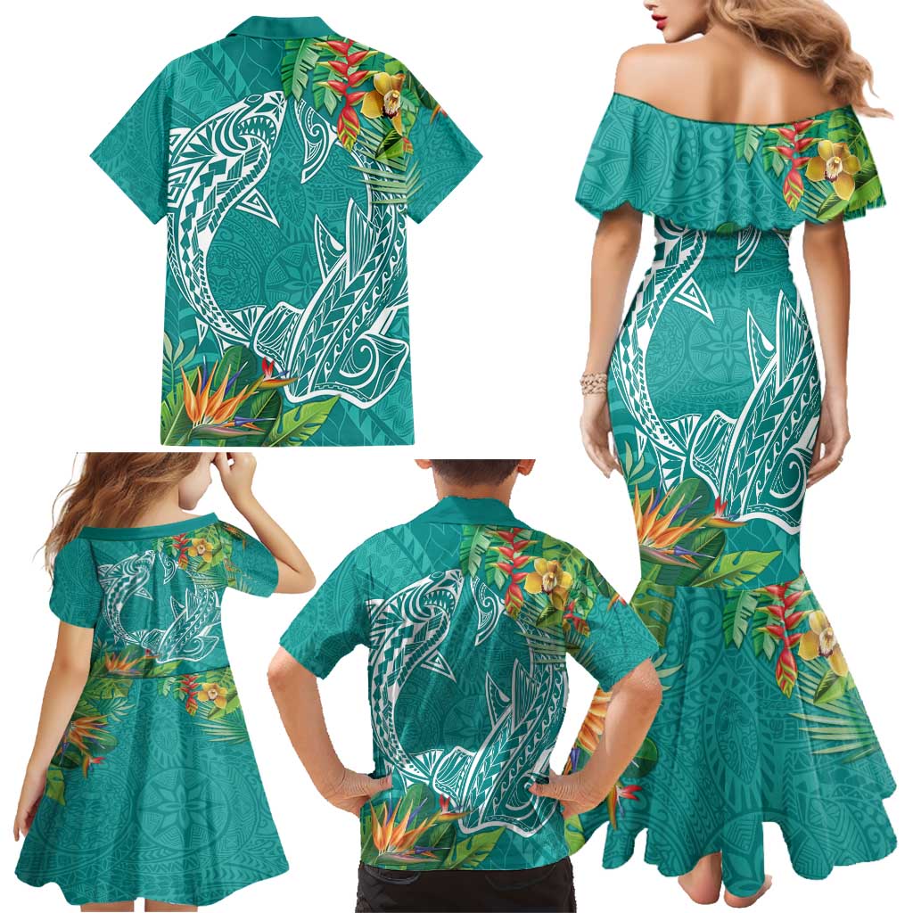 Polynesia Family Matching Mermaid Dress and Hawaiian Shirt Sharks Duo Tropical Teal