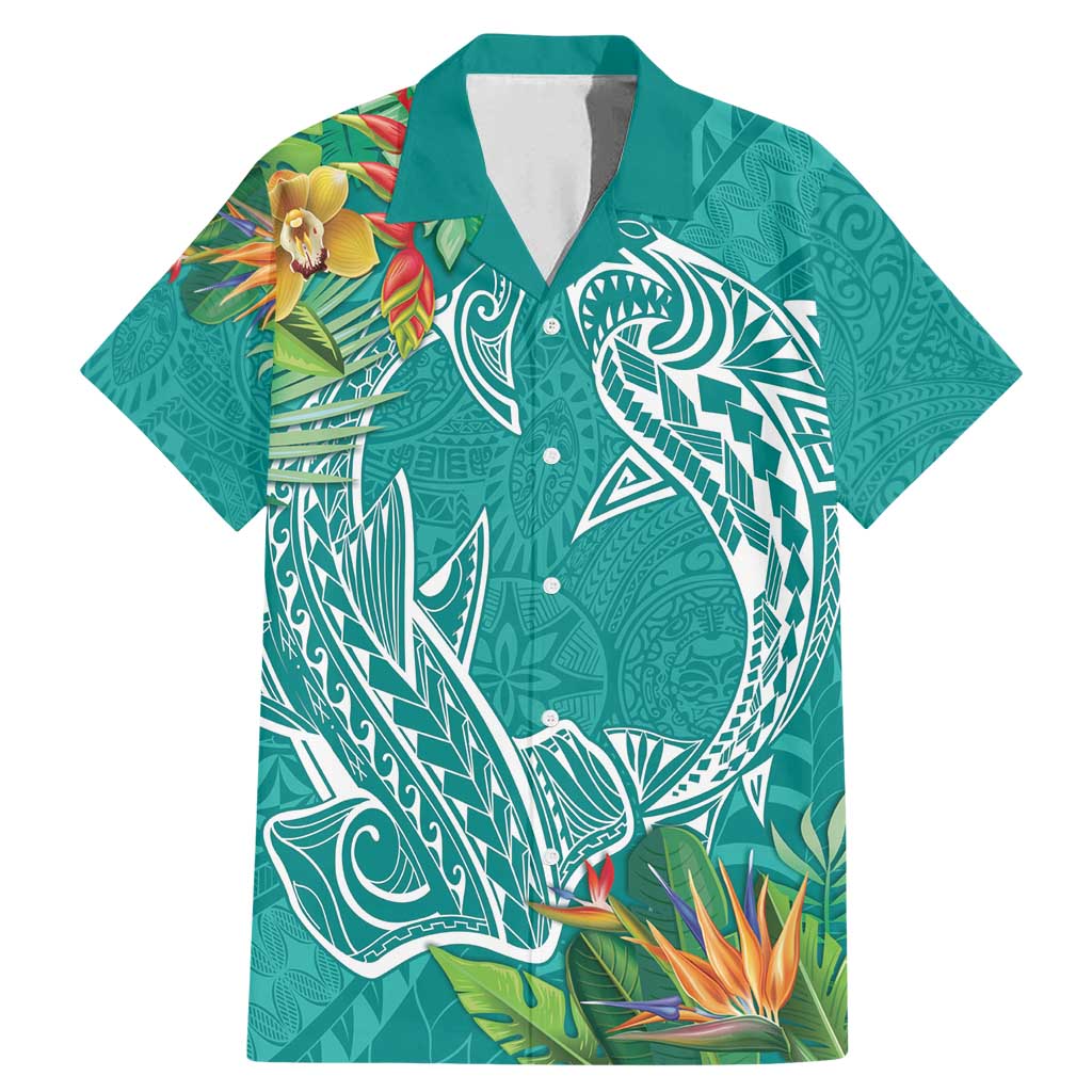 Polynesia Family Matching Mermaid Dress and Hawaiian Shirt Sharks Duo Tropical Teal