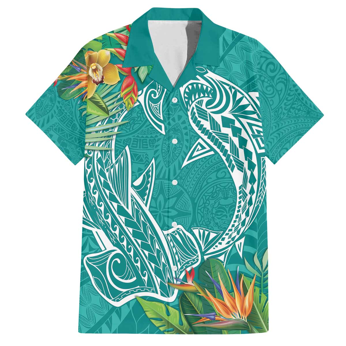 Polynesia Family Matching Off The Shoulder Long Sleeve Dress and Hawaiian Shirt Sharks Duo Tropical Teal