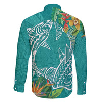 Polynesia Family Matching Off Shoulder Short Dress and Hawaiian Shirt Sharks Duo Tropical Teal