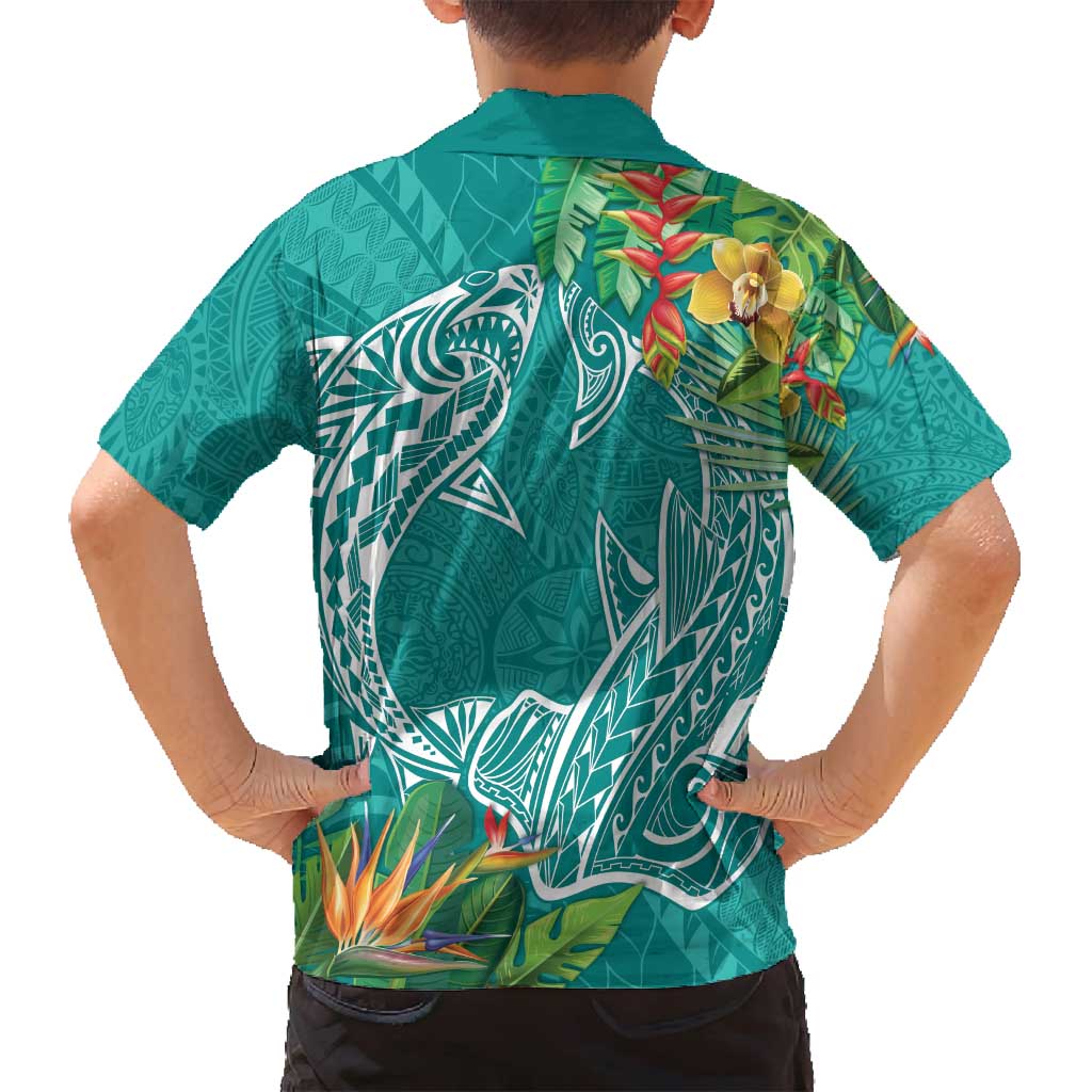 Polynesia Family Matching Tank Maxi Dress and Hawaiian Shirt Sharks Duo Tropical Teal