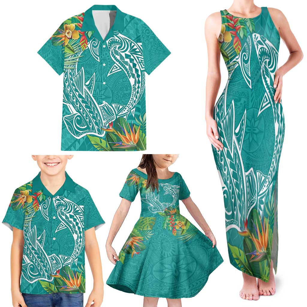 Polynesia Family Matching Tank Maxi Dress and Hawaiian Shirt Sharks Duo Tropical Teal
